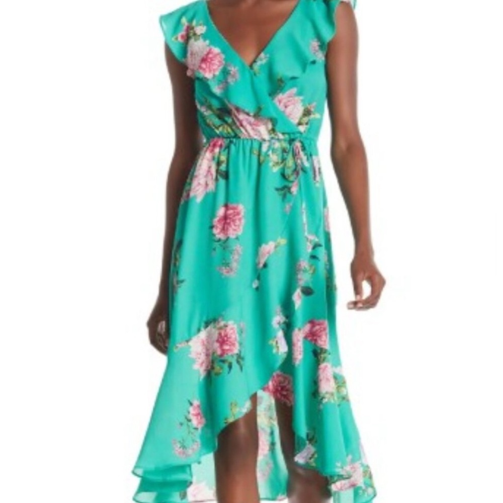Socialite green floral ruffle faux wrap high low midi dress XS